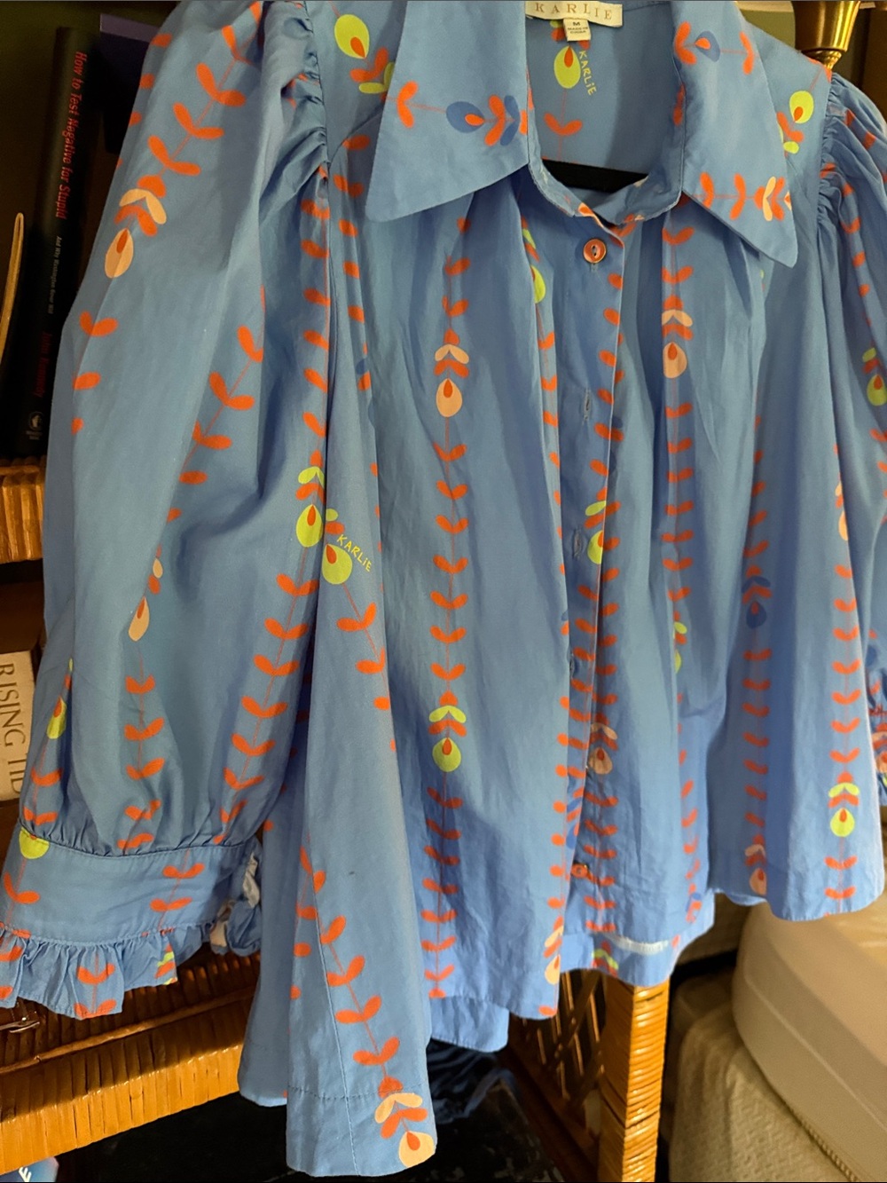 Karlie Light Blue Button-Up Blouse with Coral Leaf Print - Picture 3 of 3